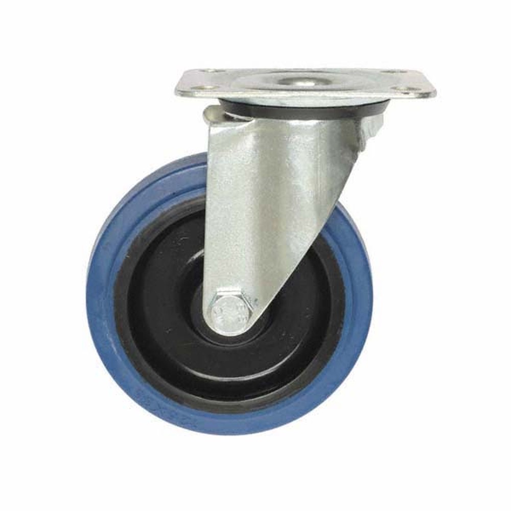 Blue Rubber Swivel Castor 100mm On Black Nylon - No Brake