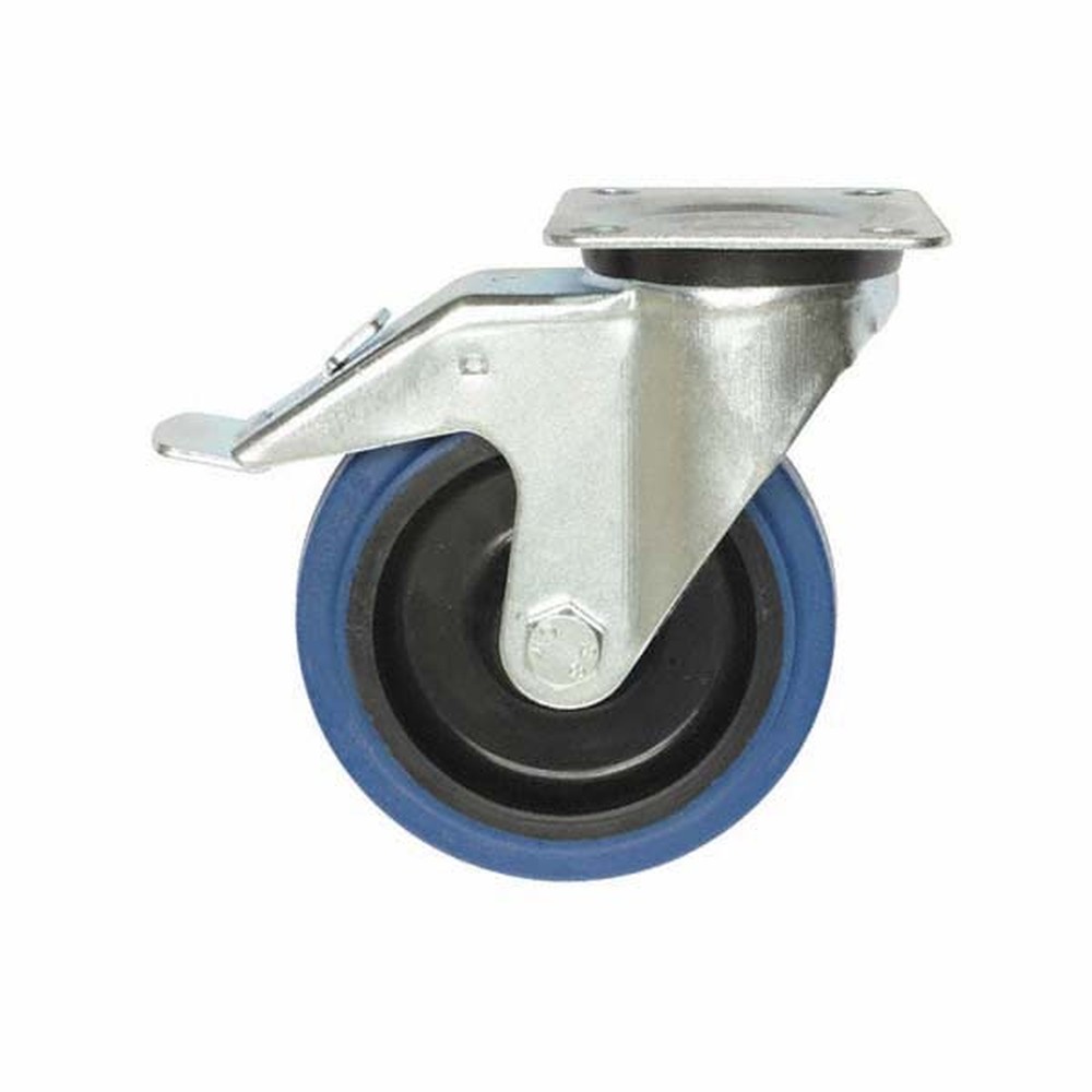 Blue Rubber Swivel Castor 100mm On Black Nylon - With Brake
