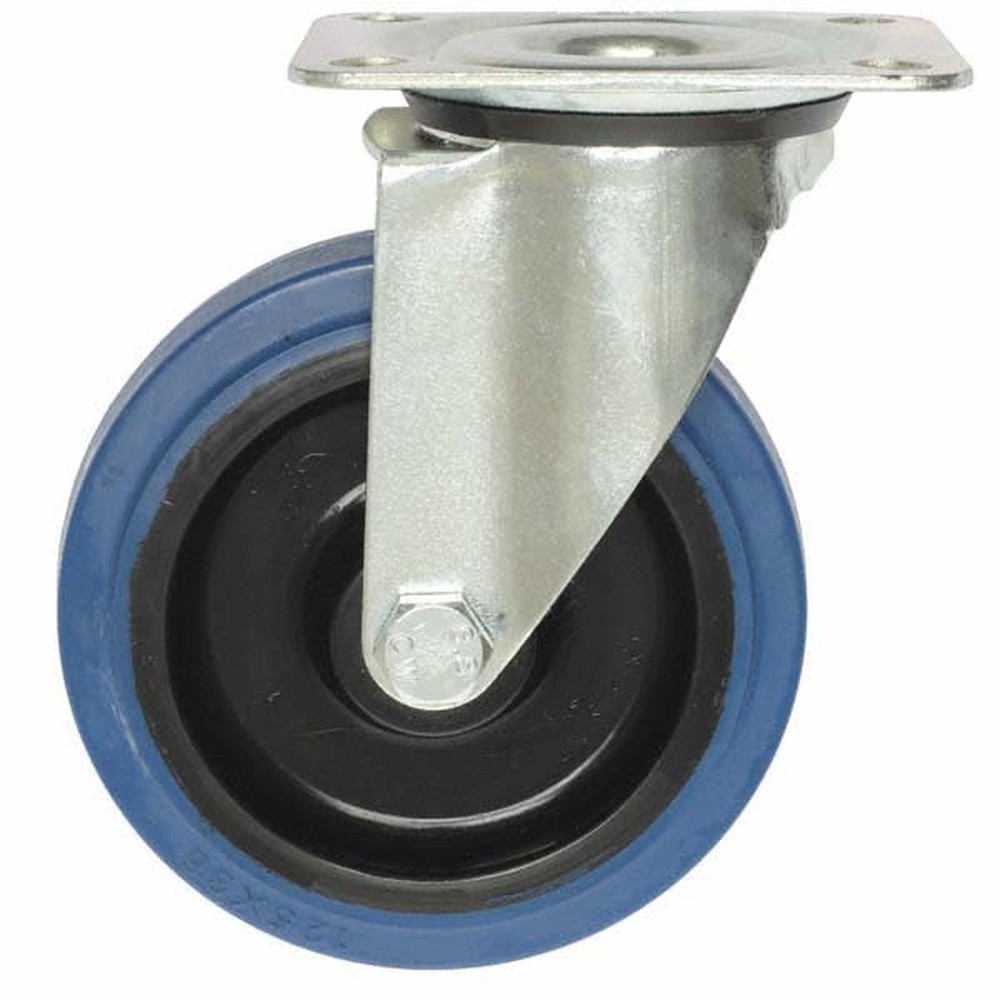 Blue Rubber Swivel Castor 125mm On Black Nylon - No Brake