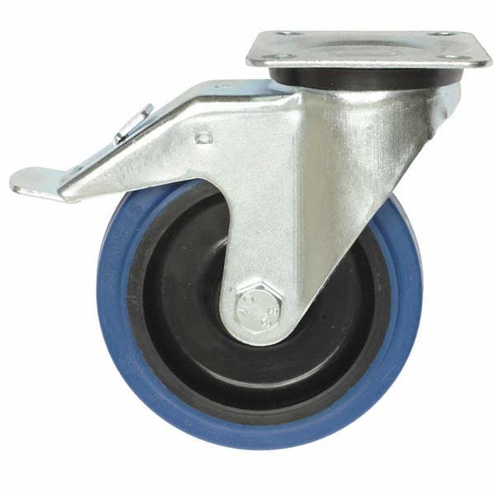 Blue Rubber Swivel Castor 125mm On Black Nylon - With Brake
