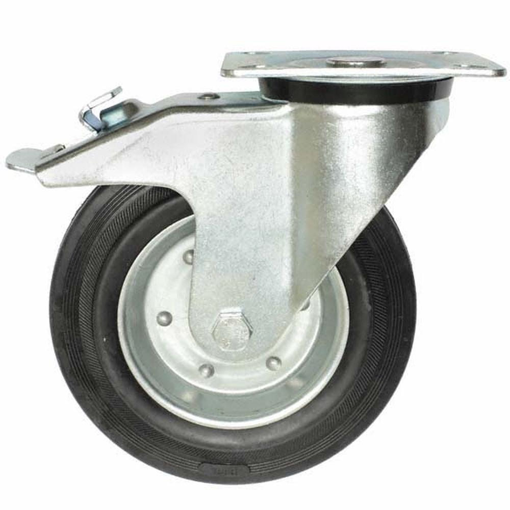 Black Swivel Castor 200mm - With Brake On Steel Disc - F H Brundle