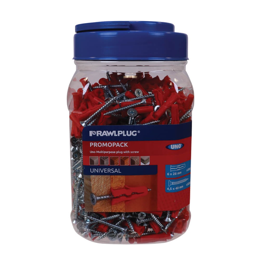 Uno Universal Rawlplugs & Screws - 6 x 28mm Red Plugs with 4.5 x 40mm Screws (x250 Qty each)