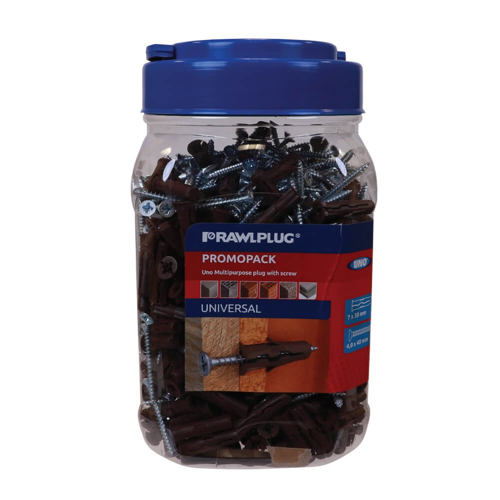 Uno Universal Rawlplugs & Screws - 7 x 30mm Brown Plugs with 4.0 x 40mm Screws (x200 Qty each)