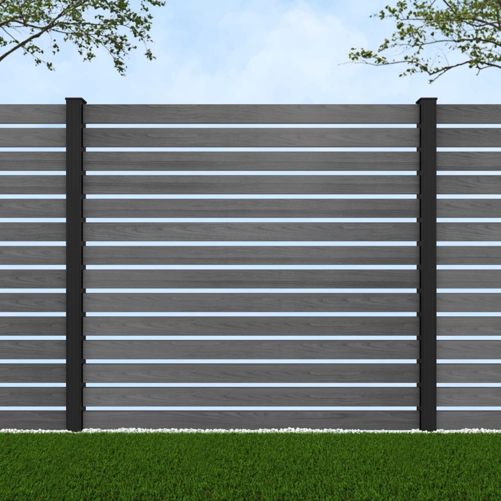 1.8m Parallel 100 Grey Wood Effect - Black Sand Posts - Metre Price