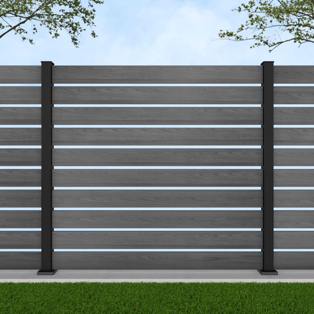 1.8m Parallel 150 Grey Wood Effect - Black Sand Bolt Down Posts - Metre Price